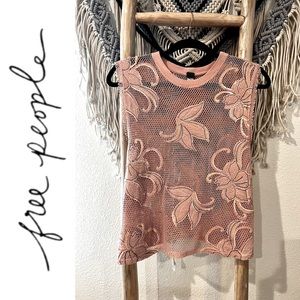 FREE PEOPLE floral embroidered mesh sleeveless muscle T